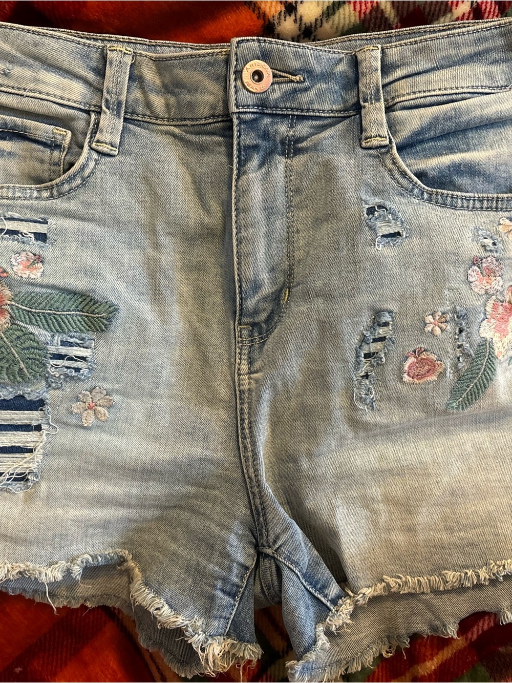 Arizona Jean Company Light Blue High Waist Embroidered Denim Shorts